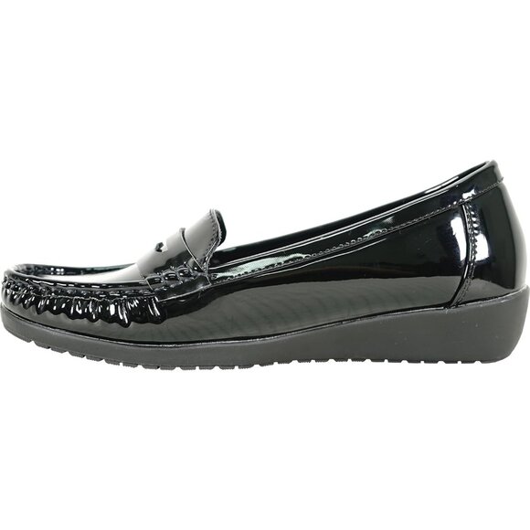 Women Black Patent Faux Leather Round Toe Removable Insole Wedge Slip-On Loafer - Picture 6 of 8